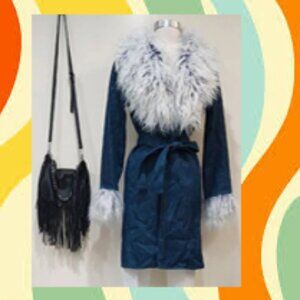 💋GORG!💋LIMITED EDITION FAUX MONGOLIAN FUR COLLAR GLITTERY DENIM AFGHAN COAT